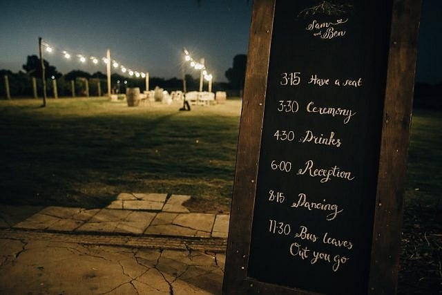 Chalkboard displays timeline for wedding at Albion on Swan