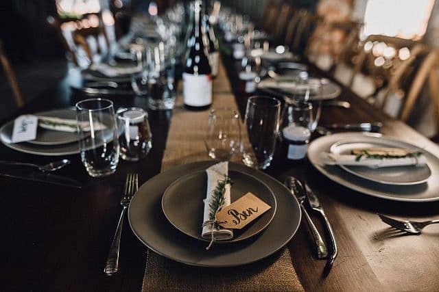 table setting in shed for reception at Albion on Swan