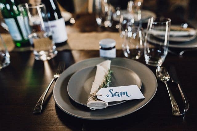 plate setting & names for wedding in shed for reception at Albion on Swan