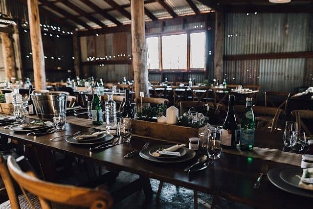 plate setting & names for wedding in shed for reception at Albion on Swan