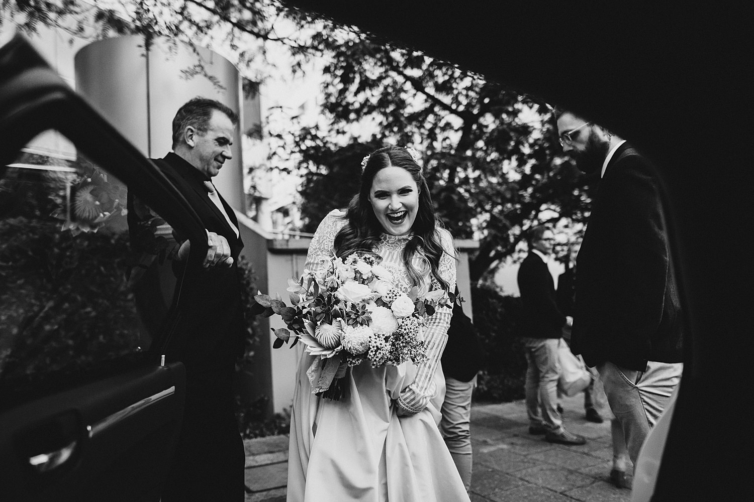 Brides Laughs Climbing In Limos