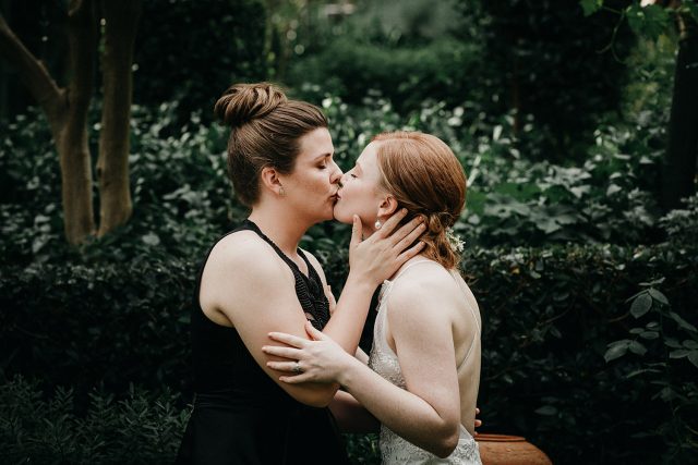 Gay Wedding Ceremony Brides First Kiss